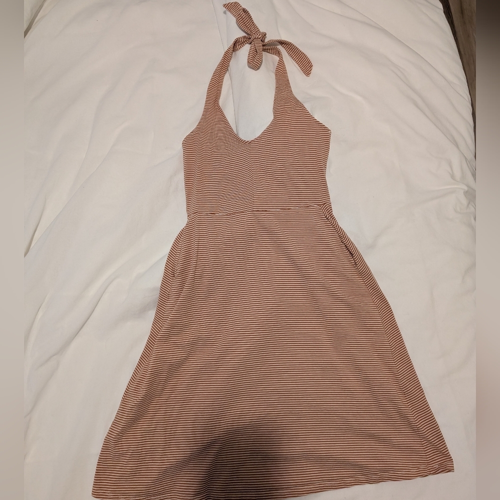 Pact Organic Cotton Fit And Flare Striped Halter Neck Dress Medium. Tan White